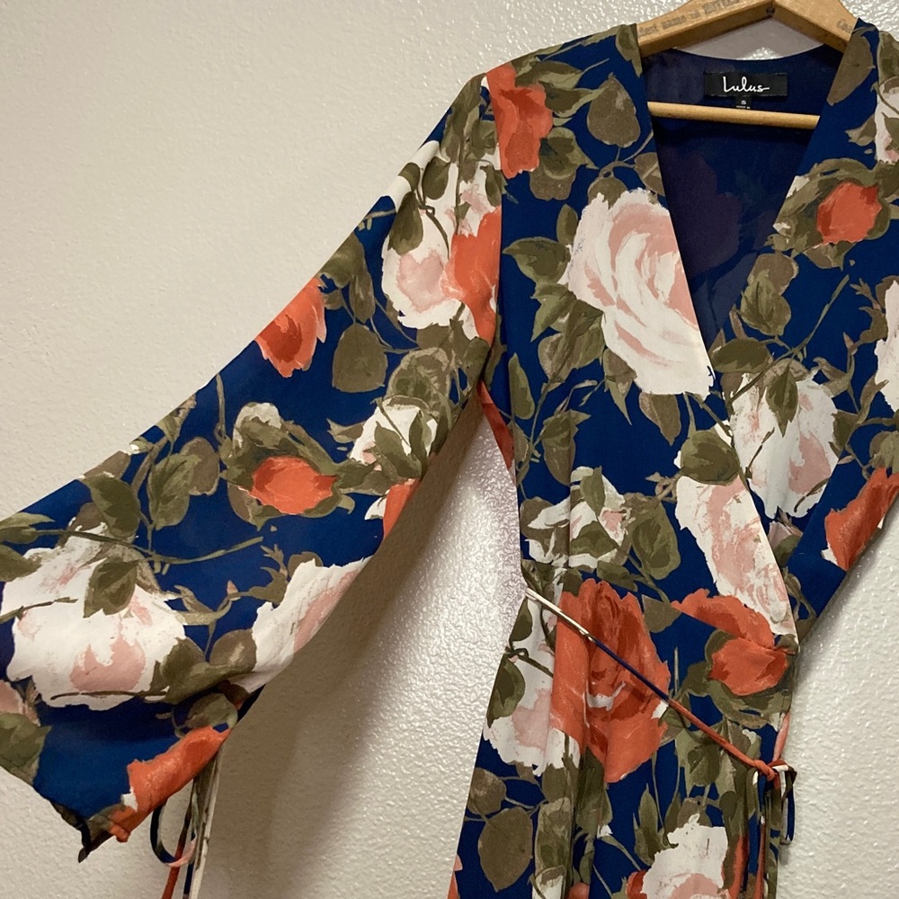 Lulu's Navy Floral Wrap Mini Dress with Coral Roses - Picture 2 of 11